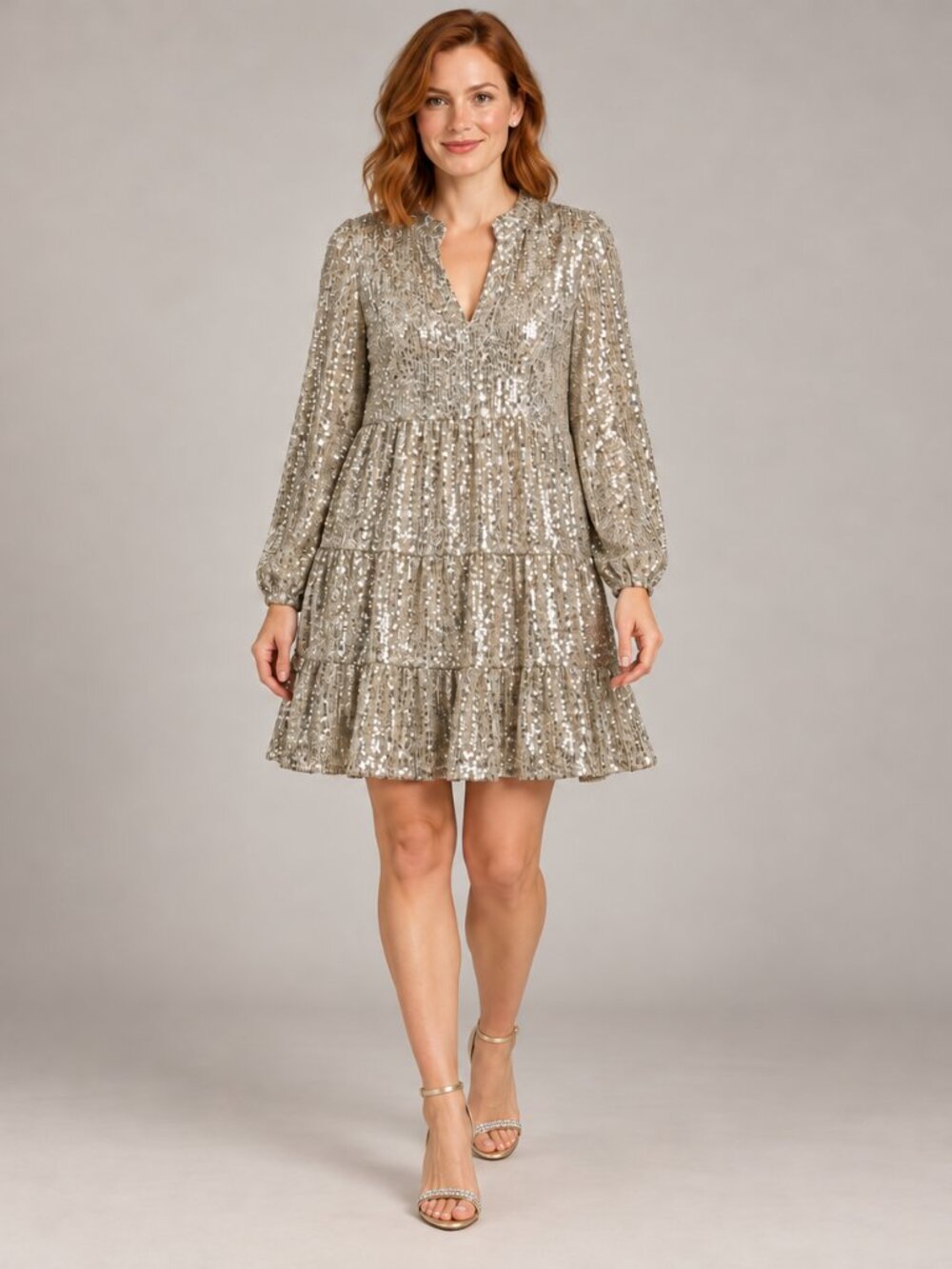 Sail to Sable x Style Charade Charlotte Champagne Sequin Tiered Dress M